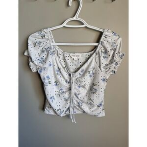 Pink Rose Girls Floral Eyelet Ruched Crop Top Medium‎ Cottagecore Boho Beachy